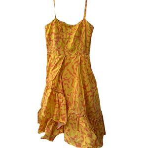 Derek Lam Yellow Scribble Midi Dress Empire Waist Ruffle Asymmetrical Hem Indie